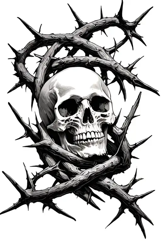 a skull on bed of thorns intertwined  tattoo design idea