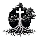 tree growing roots cross  tattoo design idea