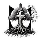 tree growing roots cross  tattoo design idea