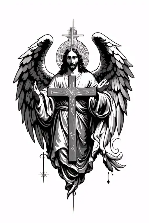I want a religious tattoo on my chest and left sleeve the tattoo should be like cross Jesus angel wings  tattoo design idea
