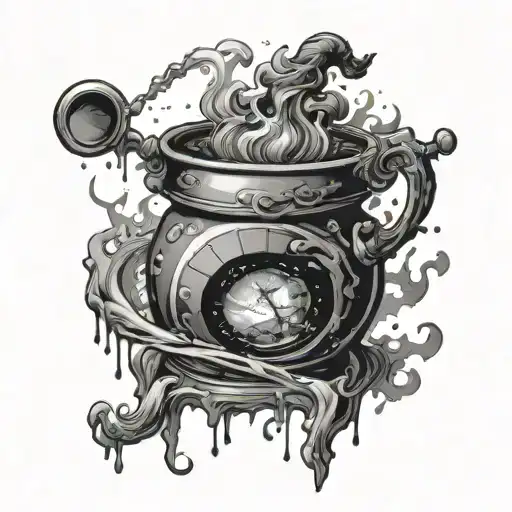 Grimore with galaxy coming out of it with cauldron and a magic ball tattoo design idea