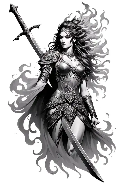 warrior queen with flaming sword tattoo design idea