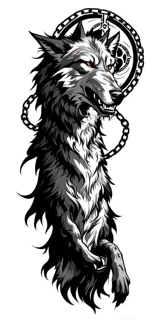 The wolf Fenrir in the chains with a grin passes smoothly to the elbow on the elbow circle with the Scandinavian runes Further, the transition to prelaage tattoo design idea