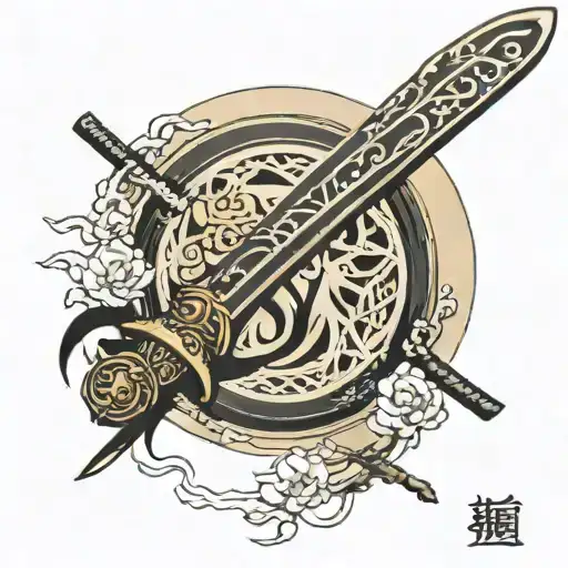 ONLY A KATANA WITH JAPANESE SYMBOLS IN THE MIDDLE, NOTHING MORE NO PERSONS NO NOTHING ONLY KATANA tattoo design idea