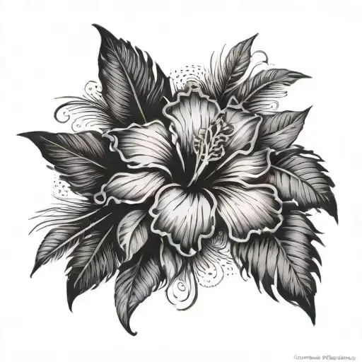 Hibiscus surrounded by black feathers tattoo design idea
