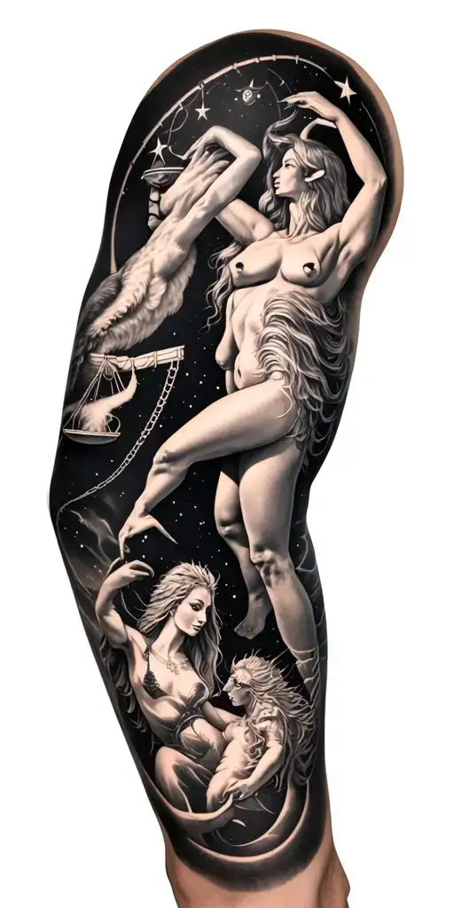Full arm tattoo featuring zodiac signs libra, Leo,  Taurus, Aquarius and Scorpio with stars and constilations  tattoo design idea