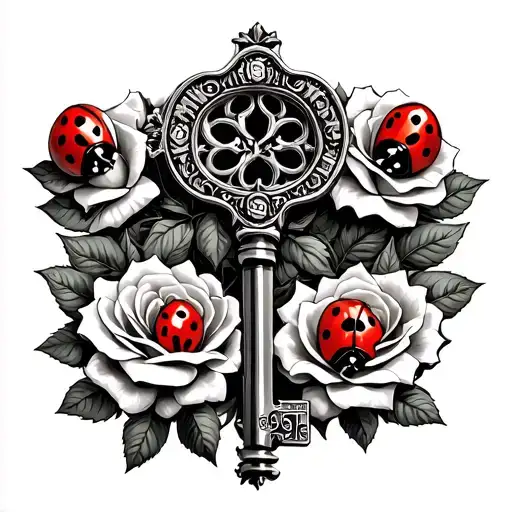 a old fashioned key in the center surrounded by money roses and 3 red ladybugs  tattoo design idea