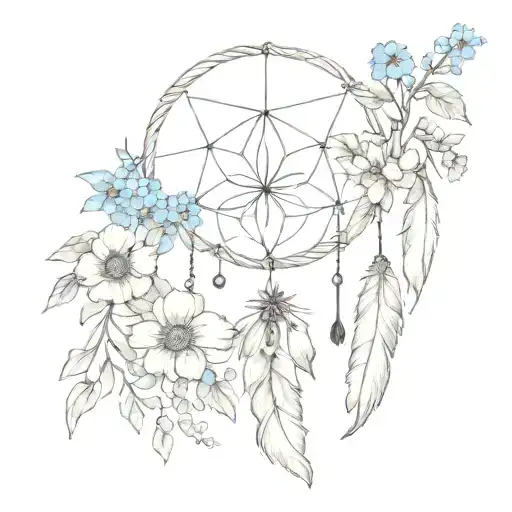 Dreamcatcher with birth flowers January and March and August and October and forget-me-not flower tattoo design idea