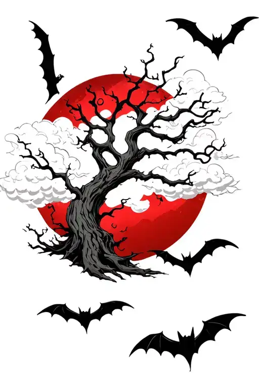 poison tree red moon in the background flying bats and clouds  tattoo design idea