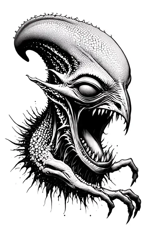 Cosmic Alien Romulus growling in saliva tattoo design idea