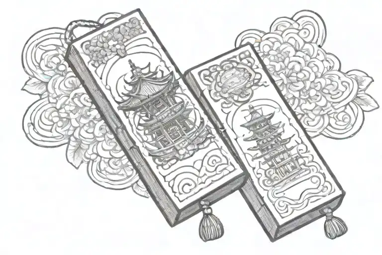 a pagoda coming out of the face of the paper omamori charm tattoo design idea