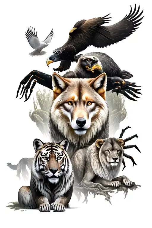 Fox, eagle, wolf, spider, bear, lion, tiger, dove in front of Yggdrasil  tattoo design idea