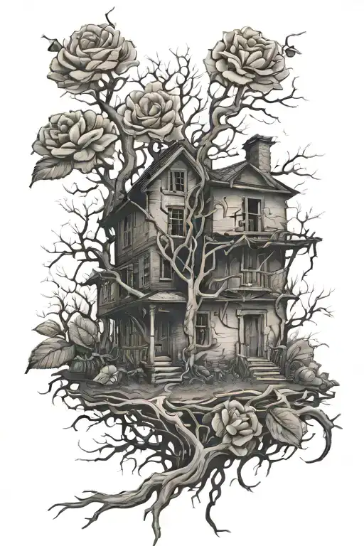 Abandoned old house, roses, tree roots tattoo design idea