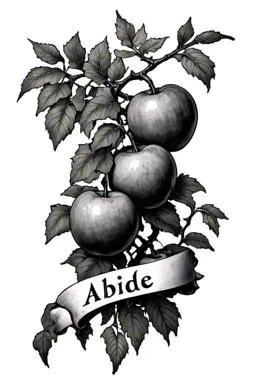 A vine starting at the wrist, spiraling upward along the arm, with branches and fruit reaching outward. The word "Abide" tattoo design idea
