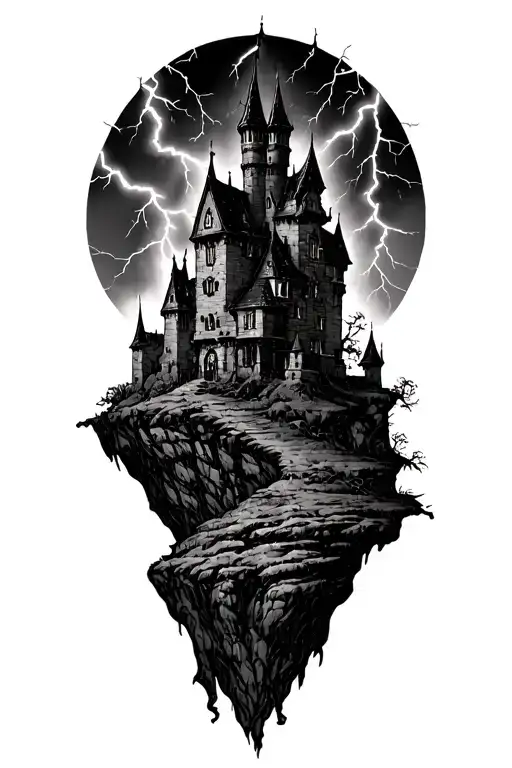 An Edgy Midevil Castle on a cliff in a lightning storm in the style of black metal album covers tattoo design idea