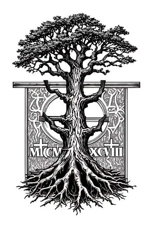"MCMXCVIII" a  oak tree with deep roots and with orthodox cross in the background  tattoo design idea