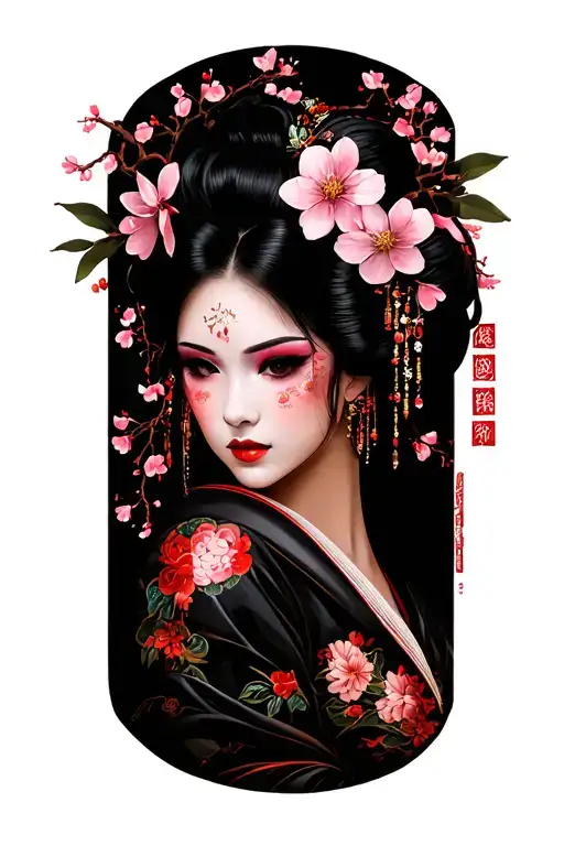 Geisha, Huge Boobs, Cleavage, Petite, Lingerie, cherry blossoms tattoo design idea