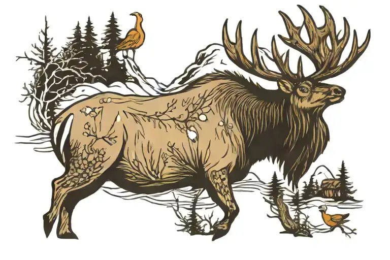 an elk next to a duck flying away tattoo design idea