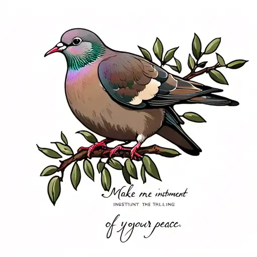 mourning dove on olive tree branch with the words "Make me an instrument of your peace" written on the branch tattoo design idea