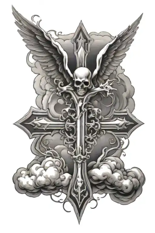 chrome heart cross tattoo ghost flying clouds surrounding tattoo design idea