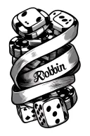 "Robbin" Collage of dice playing cards poker chips with the name Robbin inside of a ribbon tattoo design idea