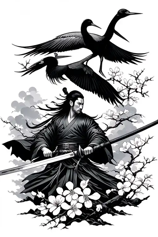 Japanese warrior wielding a sword around cherry blossoms with a Japanese crane below  tattoo design idea