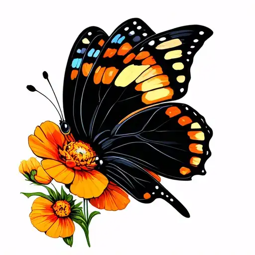 marigold and poppy butterfly neo traditional tattoo tattoo design idea