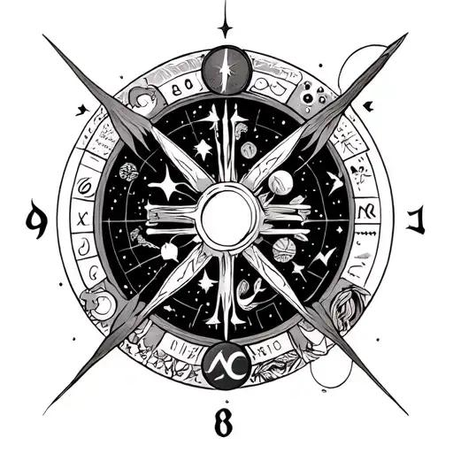 Numerology symbols intertwined with astrological feniks tattoo design idea