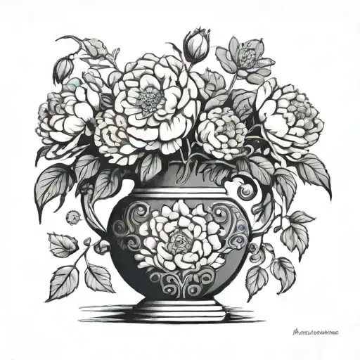 large greek vase with peonies flowers coming out of it, large, black-grey on the back maybe medusa or snakes on the vase tattoo design idea