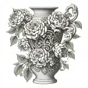 large greek vase with peonies flowers coming out of it, large, black-grey on the back maybe medusa or snakes on the vase tattoo design idea