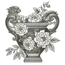 large greek vase with peonies flowers coming out of it, large, black-grey on the back maybe medusa or snakes on the vase tattoo design idea