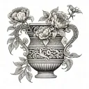 large greek vase with peonies flowers coming out of it, large, black-grey on the back maybe medusa or snakes on the vase tattoo design idea