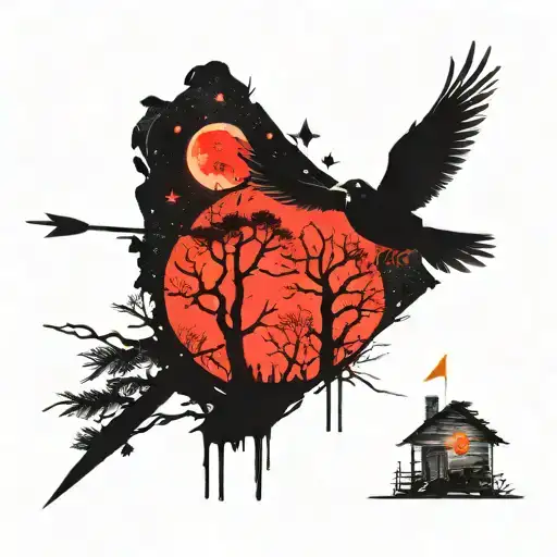 Moon shining over a campsite surrounded by ghoulish trees with a flying bird struck by an arrow tattoo design idea