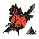 Moon shining over a campsite surrounded by ghoulish trees with a flying bird struck by an arrow tattoo design idea