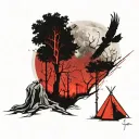 Moon shining over a campsite surrounded by ghoulish trees with a flying bird struck by an arrow tattoo design idea