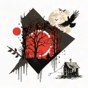 Moon shining over a campsite surrounded by ghoulish trees with a flying bird struck by an arrow tattoo design idea