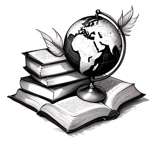 stacked books and globe with feather ink pen and an open book tattoo design idea