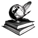 stacked books and globe with feather ink pen and an open book tattoo design idea