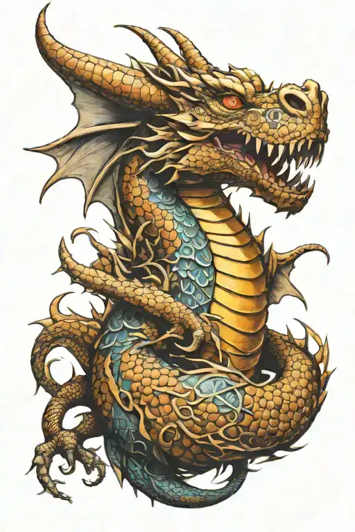 Tattoo of a dragon wrapped around an arm with its head on its chest trying to eat the sun tattoo design idea