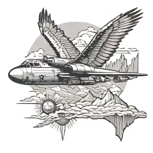 b52 plane flying, train engine, eagle soaring, surrounded by mountains  tattoo design idea