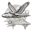 b52 plane flying, train engine, eagle soaring, surrounded by mountains  tattoo design idea