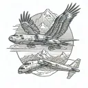 b52 plane flying, train engine, eagle soaring, surrounded by mountains  tattoo design idea