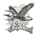b52 plane flying, train engine, eagle soaring, surrounded by mountains  tattoo design idea