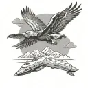 b52 plane flying, train engine, eagle soaring, surrounded by mountains  tattoo design idea