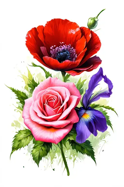 red poppy at top, with a pink rose below and a purple iris at the bottom  tattoo design idea