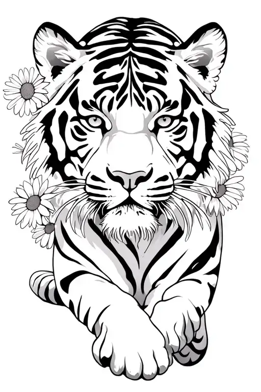 tiger walking in daisies tattoo design idea