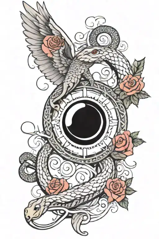 wing, water, rose and snake ouroboros with signs tattoo design idea