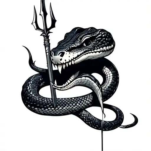 self eating snake with a trident going down and to the right tattoo design idea