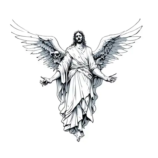 archangel Michael, minimalist silhouette surrounded by skulls, defeating satan tattoo design idea