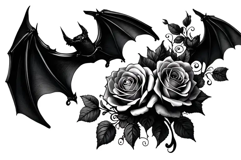 Gothic roses and bats flying tattoo design idea